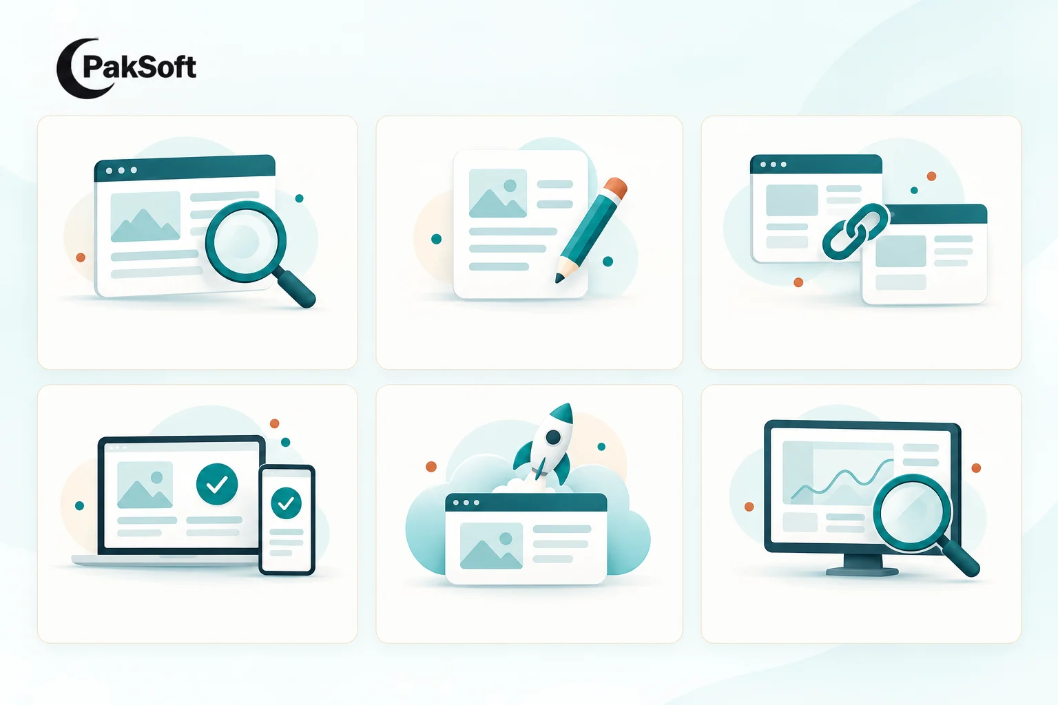 Web sitesi yenilemenin analiz, içerik, URL planı, kontrol, yayın ve takip aşamalarını gösteren altı panelli illüstrasyon.